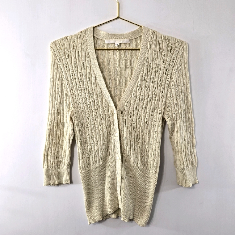 Erica Tanov Elbow Sleeve Pointelle Open Knit V Neck Button Front Cardigan Size 3